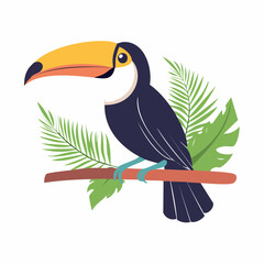 Obraz premium Illustration of a Toucan perched on a branch with tropical leaves