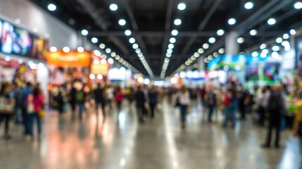 Fototapeta premium Busy exhibition hall with blurred crowd and bright lights, promoting commerce and networking