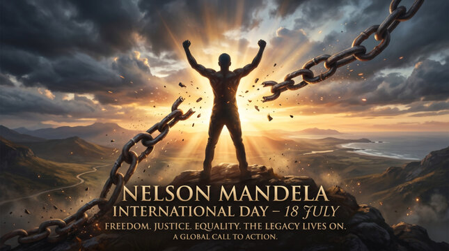 Nelson Mandela freedom inspiration concept showing broken chains justice equality and powerful human rights awareness