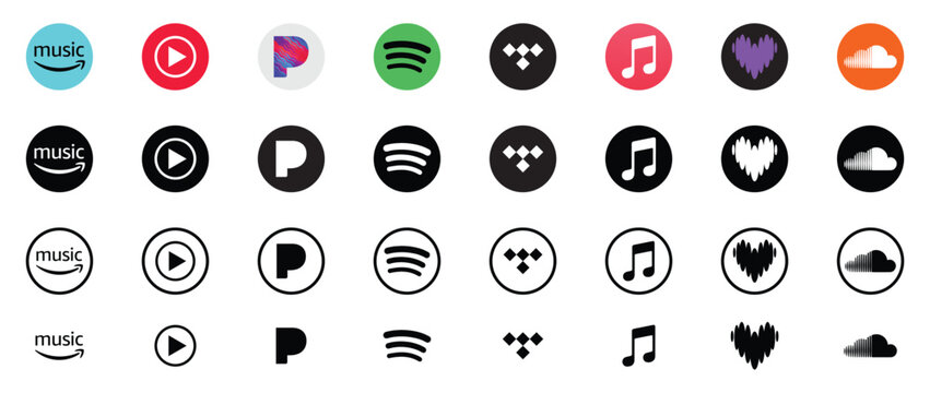 Popular Music Streaming App Logo Icon Set with Spotify Apple Music and YouTube Music. Popular music streaming apps logo icon set 2026. vector illustration eps file.