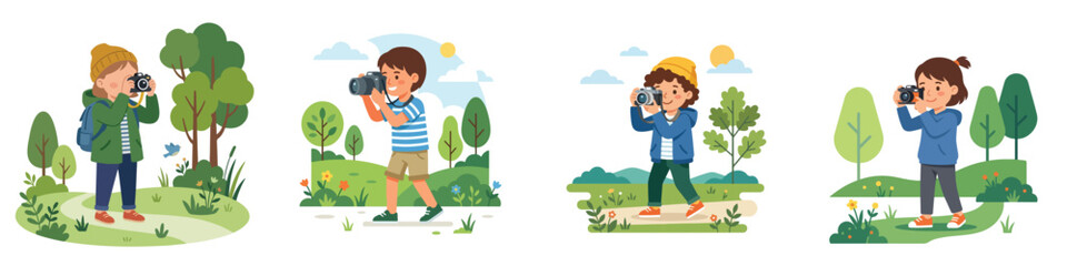 Flat vector artwork of a child photographer holding a camera while taking pictures outdoors, modern clean design, white background.