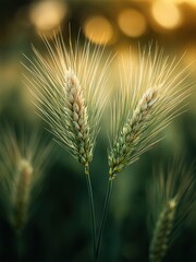 Fototapeta premium Close-up Macro View of Golden Wheat Stalks in a Sunlit Field at Dusk, Evoking Growth and Harvest