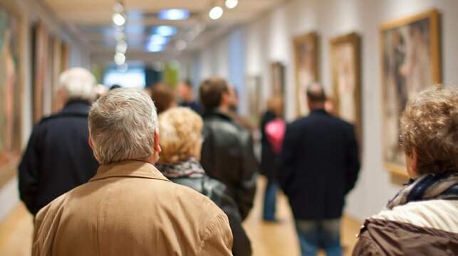 Diverse group of people viewing paintings in a bright, modern art gallery hallway