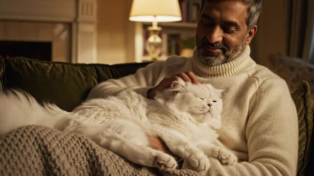 Cozy scene of a man relaxing on a couch, gently petting a fluffy white Persian cat, contentment and warmth.