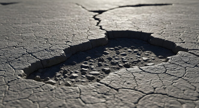 Broken asphalt road surface with pothole, abstract