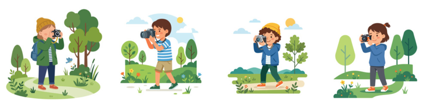 Flat vector artwork of a child photographer holding a camera while taking pictures outdoors, modern clean design, white background.