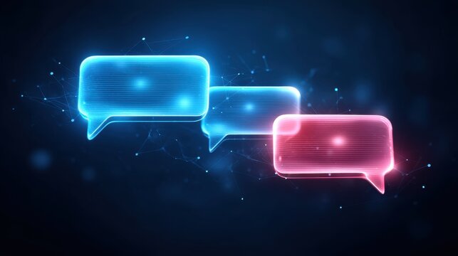 Vibrant Blue and Red Speech Bubbles on Dark Background Highlighting Digital Communication and Social Media Interaction Concepts