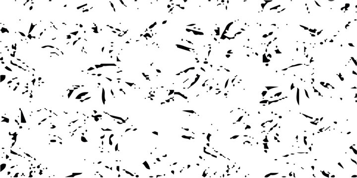 Black and white abstract vector grunge  pattern with scattered irregular shapes and dots on a clean white background for design and texture
