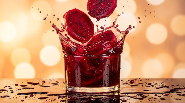 Potongan buah naga jatuh ke dalam gelas dengan percikan jus merah melambangkan ledakan rasa tropis serta kesegaran minuman sangat eksotis