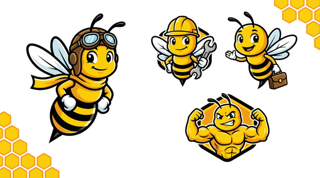 A collection of animated bee characters in various professional and dynamic roles, including a pilot, builder, businessman, and a strong athletic bee,  branding, playful designs, children's content