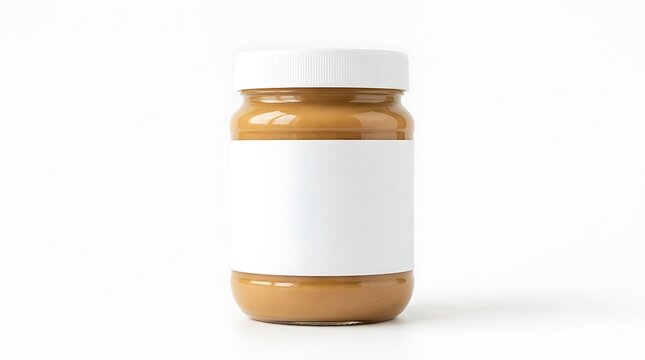 Blank white label peanut butter glass jar mockup isolated on white background.