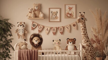 Naklejka premium Cozy Safari Themed Nursery with Stuffed Animals, Baby Banner, and Giraffe