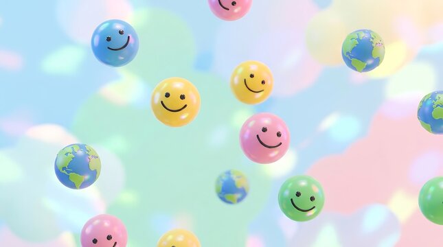 Vibrant array of cheerful smiley faces and miniature Earth globes gently floating amidst a soft, pastel-colored background, symbolizing global happiness and positive connection