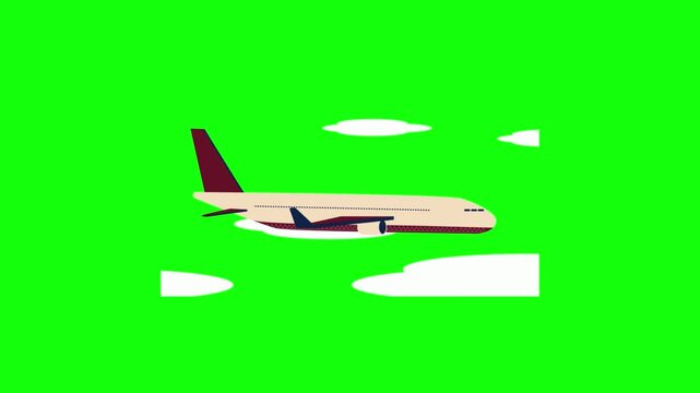 A 2D animated video of an airplane flying through white clouds on a bright green background. The aircraft should glide smoothly while soft cloud shapes drift around it from front and back. 