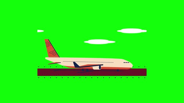 A 2D animated video of an airplane moving along a runway on a bright green background. Show the aircraft in side view with landing gear on the track, slight forward motion, subtle wheel movement.