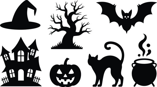 Halloween icons: witch hat haunted house pumpkin bat tree cat cauldron with halloween cauldron silhouette decoration