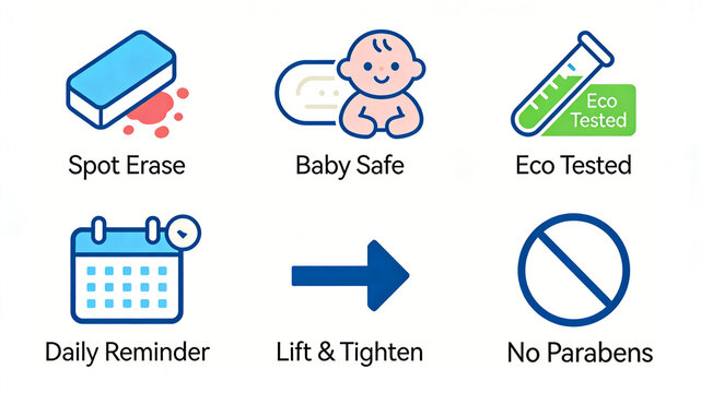 Erasers, baby and test tube icons represent healthy skincare products for mother and baby, which are spot brightening, safe and gentle, lifting and firming, and preservative free.
