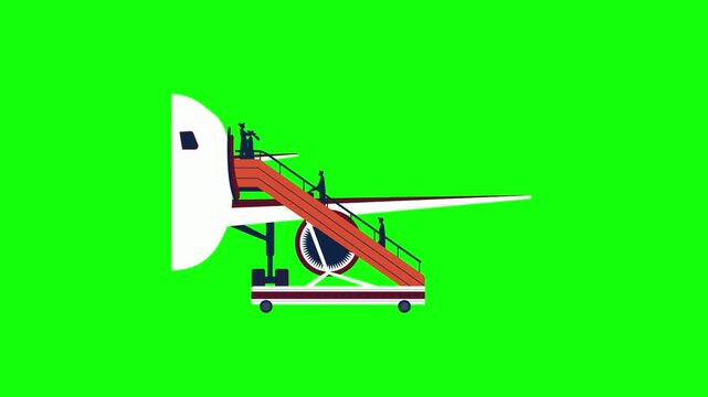 A 2D animated video of an airplane parked on the ground with passengers walking up boarding stairs into the aircraft on a bright green background. Show simple human silhouettes moving step by step tow