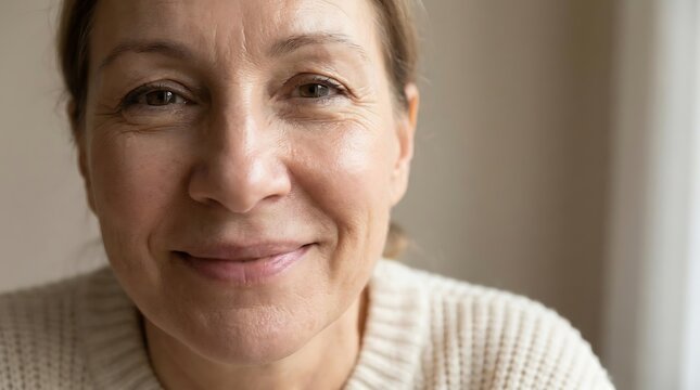 Close-up portrait of a smiling mature woman with soft lighting