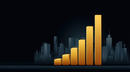 Fototapeta premium Data Visualization with Yellow Bar Graph Rising Against a Dark Urban Background Depicting Growth and Success in Business and Economic Trends