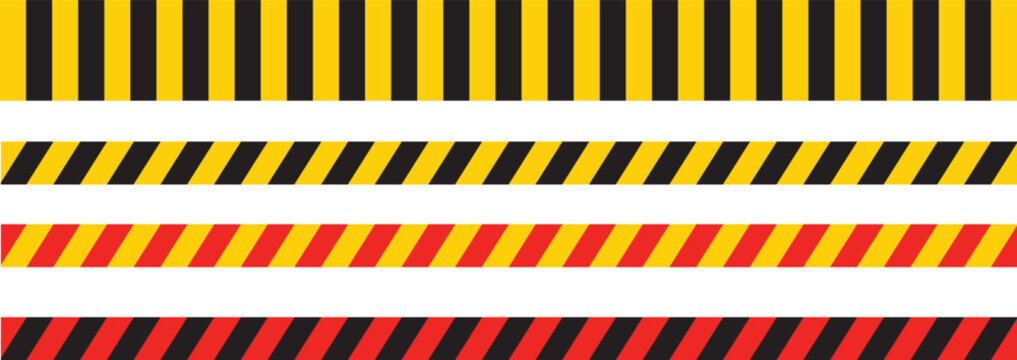 Vector Hazard Warning Tape Set. Yellow, Black and Red Striped Caution Ribbons for Construction, Safety and Danger Signage