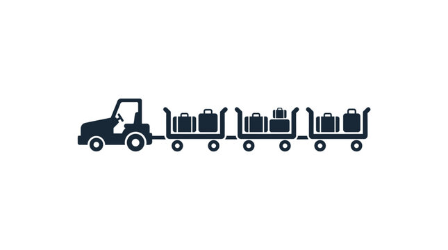 Black silhouette icon of an airport baggage tractor towing luggage carts on an isolated white background