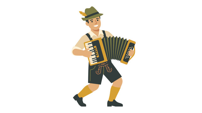 A cartoon man in traditional Bavarian attire playing an accordion with a lively expression representing Oktoberfest or German culture festivities with music and dance.