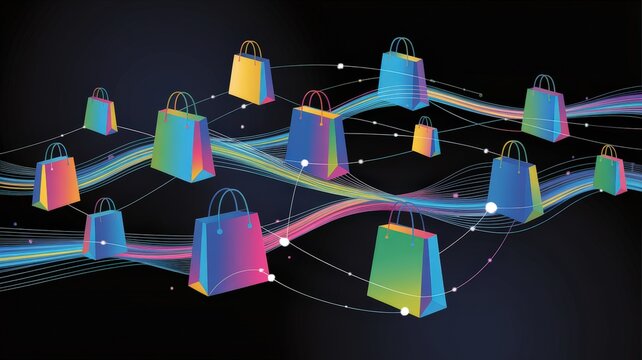 Colorful shopping bags connected by glowing lines, symbolizing online commerce and global retail.