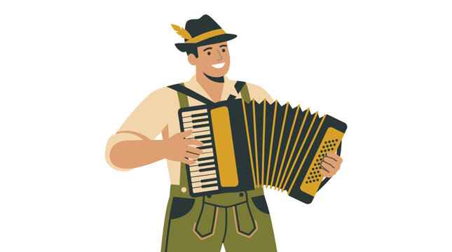 Smiling man in traditional Bavarian clothing playing accordion on festive occasion Oktoberfest celebration with musical instrument