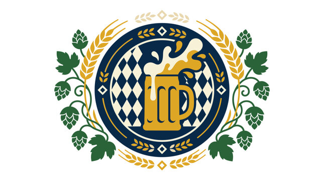 Traditional German beer brewery emblem with hops and wheat symbolizing Bavarian culture and heritage Oktoberfest celebration icon