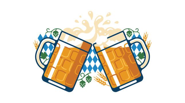 Two beer steins with foamy beer celebrating Oktoberfest with traditional Bavarian decorations and symbols festive drinking concept.