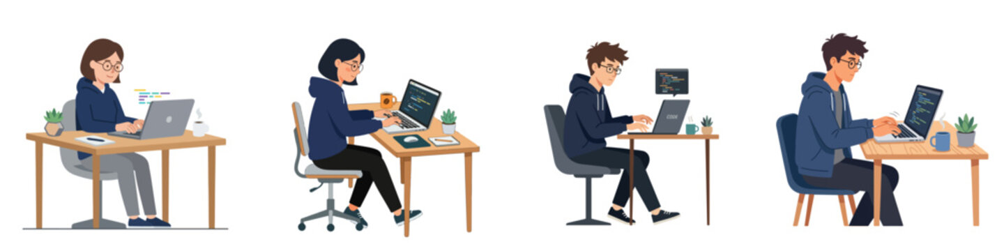 Flat vector illustration of a young programmer typing on a laptop, minimal modern look, white background.