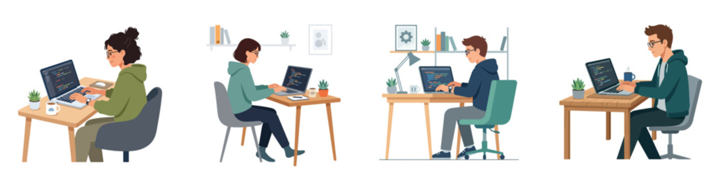 Flat vector illustration of a young programmer typing on a laptop, minimal modern look, white background.