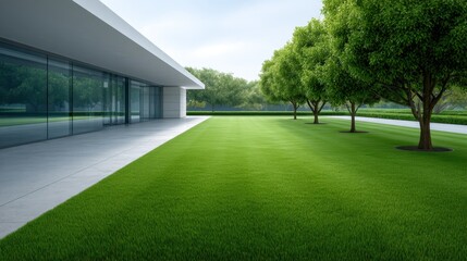 Fototapeta premium Modern architectural design featuring sleek lines, large glass windows, manicured lawns, green trees, and peaceful outdoor space in a serene environment