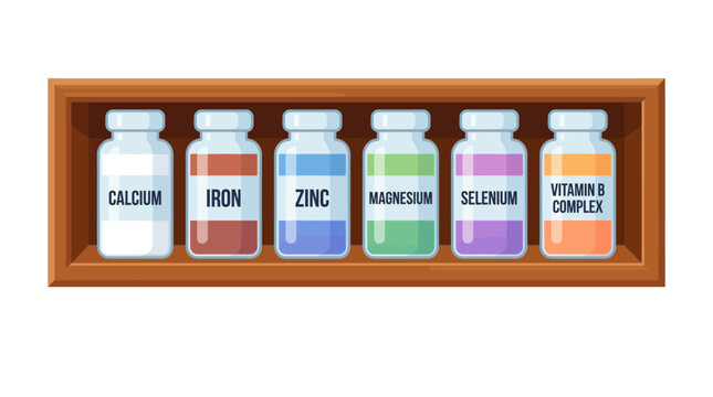 Essential nutritional supplements calcium, iron, zinc, magnesium, selenium, and vitamin B complex. Labeled bottles on wooden shelf for daily health support