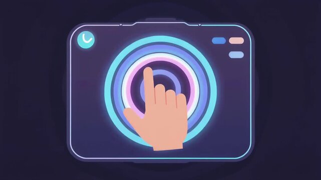 Futuristic digital touch interface with glowing neon control button illustration.