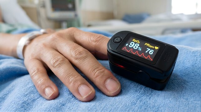 Pulse oximeter on patient finger in hospital bed, medical oxygen saturation monitor, fingertip SpO2 sensor for clinical health tracking