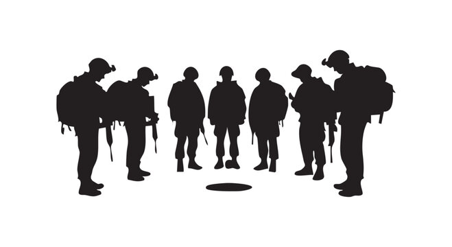 Group of soldiers standing in circle around small hole on ground silhouette style military conceptual art illustration.