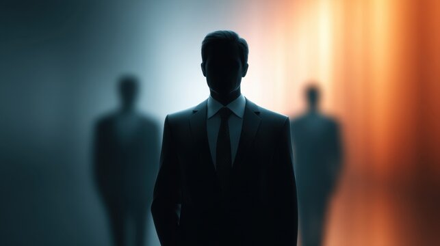 Mysterious Silhouetted Figures in Formal Attire with Soft Light Background, Concept of Identity, Mystery, Shadows, and Intrigue in Business Setting