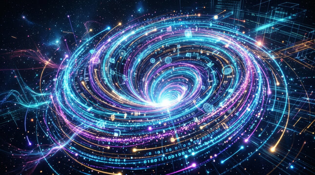Vibrant abstract digital vortex of light and data streams, representing technological innovation, interconnected networks, and the dynamic energy of modern information flow