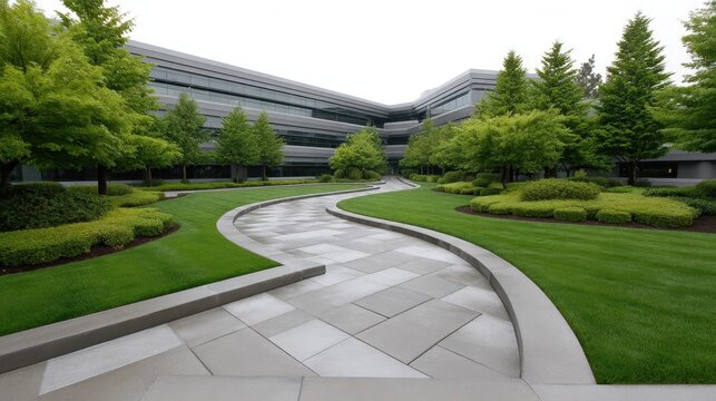 Modern Architectural Landscape with Curved Pathway and Lush Greenery in a Business Park Setting