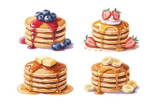 set of Watercolor Pancake Stack Illustration, Sweet Breakfast Clipart, isolated on white background