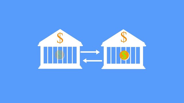 Bank transfer animation showing money moving between two financial buildings with dollar signs and white arrows representing global currency exchange transactions on blue background footage