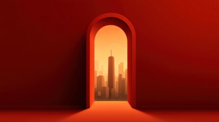 Fototapeta premium Minimalist Artwork Featuring Archway Leading to Cityscape at Sunset with Vibrant Red Background and Soft Glow with Urban Vibes