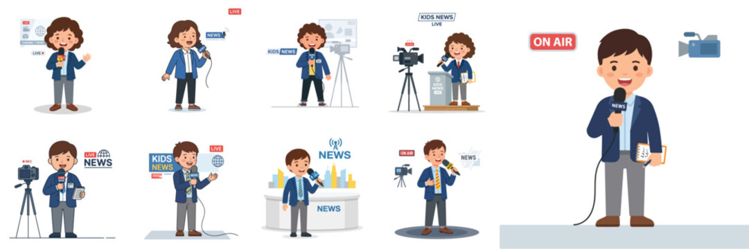 Diverse cartoon illustrations of a friendly male reporter or news anchor delivering live broadcasts, conducting interviews, and working in a news studio setting