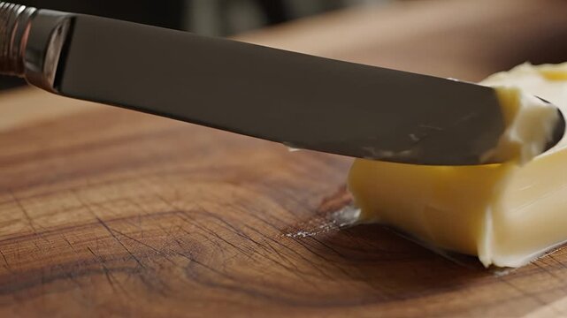 Closeup of a knife spreading butter on a wooden cutting board 1.