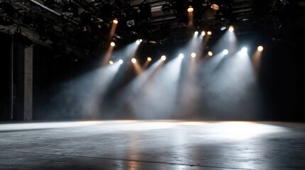 Obraz premium Dramatic stage lighting illuminates an empty studio space with theatrical spotlights and atmospheric smoke