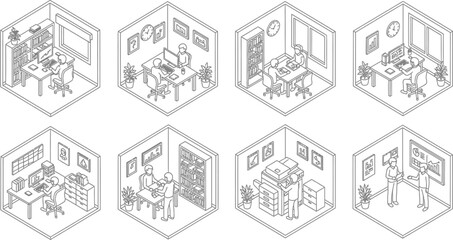 Fototapeta premium Isometric office workspace scenes set featuring people working at desks, meeting in rooms, and using equipment in line art style