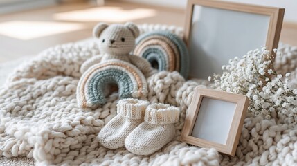 Fototapeta premium Soft Knitted Baby Essentials Including Teddy Bear, Rainbows, Booties, and Photo Frames on Cozy Blanket