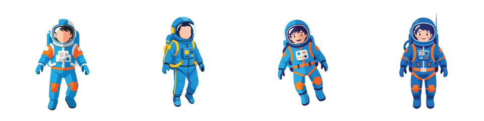 Four cartoon astronauts in blue suits with orange accents floating in space, rendered in a playful and colorful style © Haris Lost